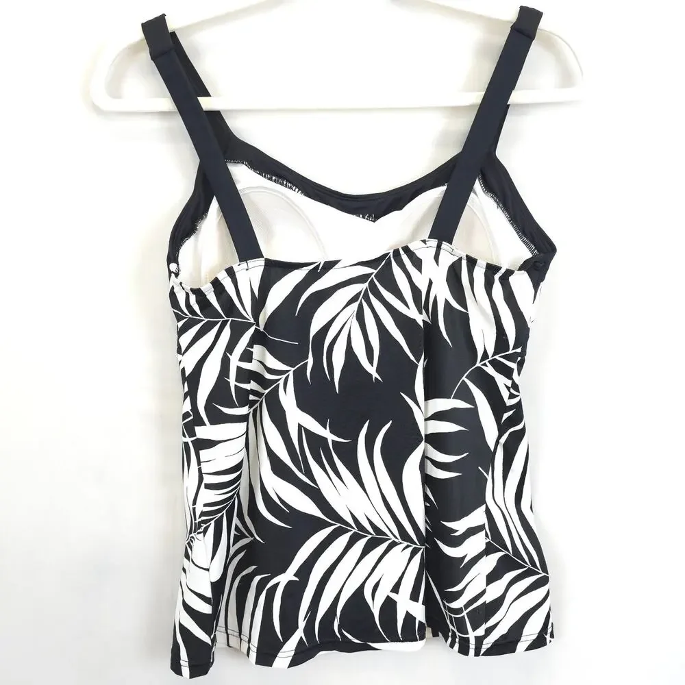 Jamaica Bay Tankini‎ Top Women 12 Black White Palm Leaf Print Padded Babydall